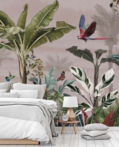 rosafarbenes Dschungel-Tapetenwandbild namens Parrot Flying Through the Jungle Pink in Wallsauce für Schlafzimmer und Badezimmer rosafarbenes Dschungel-Tapetenwandbild namens Parrot Flying Through the Jungle Pink in Wallsauce für Schlafzimmer und Badezimmer