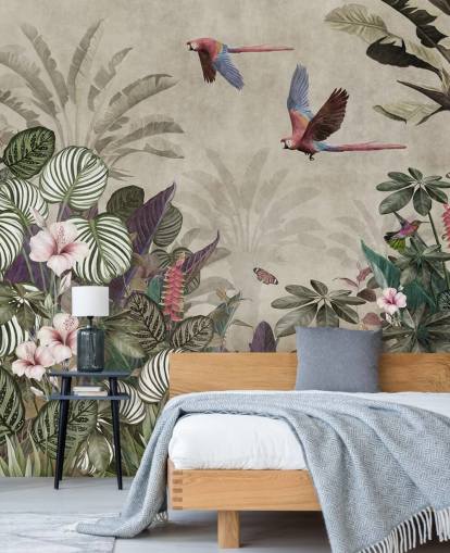 beigefarbene Papageientapete namens Parrot Jungle Flight at Wallsauce für Schlafzimmer, Badezimmer und Wohnzimmer