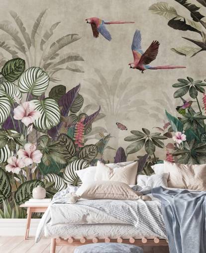 papel pintado de loros de color beige llamado Parrot Jungle Flight at Wallsauce para dormitorios, baños y salas de estar