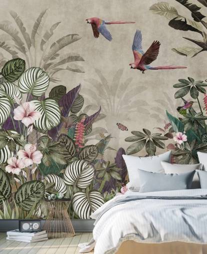 beige parrot wallpaper called Parrot Jungle Flight at Wallsauce for bedrooms, bathrooms and living rooms