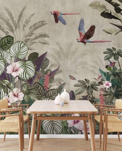 beige papegøye tapet kalt Parrot Jungle Flight på Wallsauce for soverom, bad og stuer beige papegøye tapet kalt Parrot Jungle Flight på Wallsauce for soverom, bad og stuer