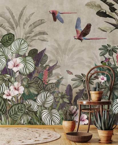 papel de parede de papagaio bege chamado Parrot Jungle Flight at Wallsauce para quartos, banheiros e salas de estar