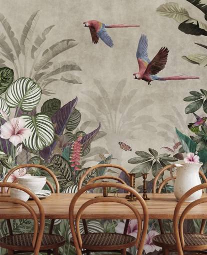 beige papegøye tapet kalt Parrot Jungle Flight på Wallsauce for soverom, bad og stuer