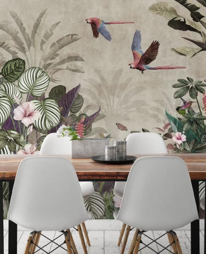 beige parrot wallpaper called Parrot Jungle Flight at Wallsauce for bedrooms, bathrooms and living rooms