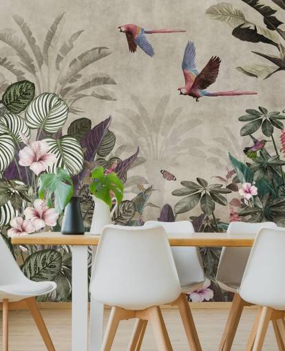 papel pintado de loros de color beige llamado Parrot Jungle Flight at Wallsauce para dormitorios, baños y salas de estar