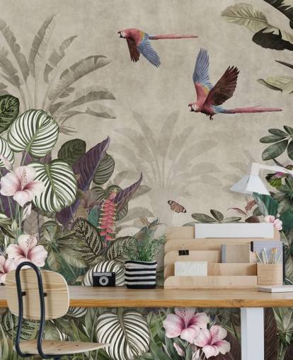 beige papegøye tapet kalt Parrot Jungle Flight på Wallsauce for soverom, bad og stuer beige papegøye tapet kalt Parrot Jungle Flight på Wallsauce for soverom, bad og stuer