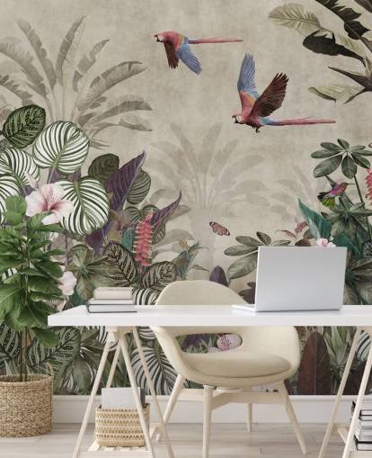 beige papukaijatapetti nimeltä Parrot Jungle Flight Wallsaucessa makuuhuoneisiin, kylpyhuoneisiin ja olohuoneisiin beige papukaijatapetti nimeltä Parrot Jungle Flight Wallsaucessa makuuhuoneisiin, kylpyhuoneisiin ja olohuoneisiin