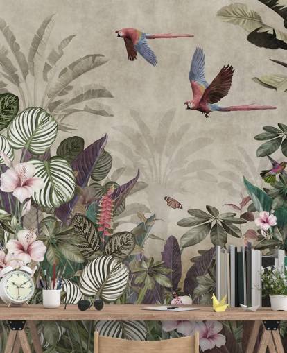 papel de parede de papagaio bege chamado Parrot Jungle Flight at Wallsauce para quartos, banheiros e salas de estar