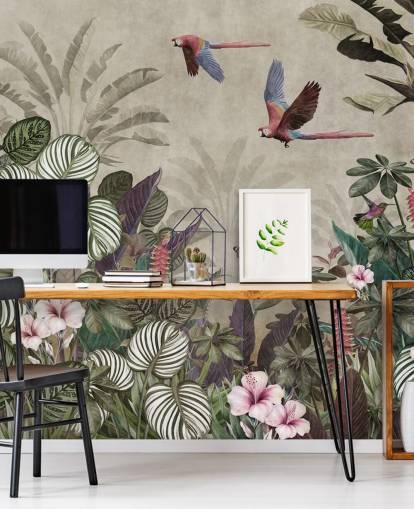 papel pintado de loros de color beige llamado Parrot Jungle Flight at Wallsauce para dormitorios, baños y salas de estar