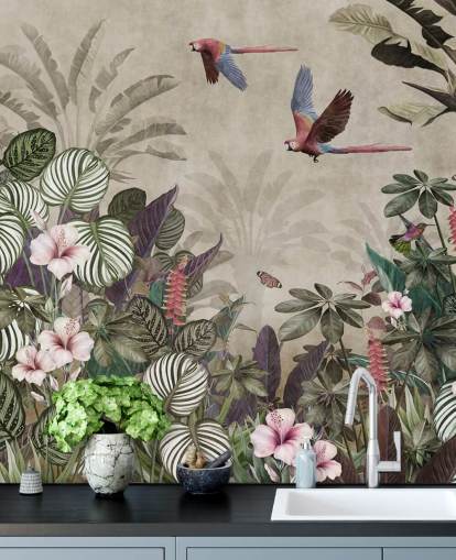 papel pintado de loros de color beige llamado Parrot Jungle Flight at Wallsauce para dormitorios, baños y salas de estar