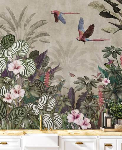 carta da parati beige con pappagalli chiamata Parrot Jungle Flight at Wallsauce per camere da letto, bagni e salotti carta da parati beige con pappagalli chiamata Parrot Jungle Flight at Wallsauce per camere da letto, bagni e salotti