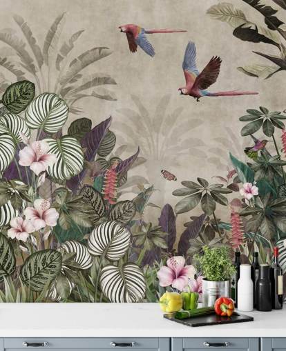beige parrot wallpaper called Parrot Jungle Flight at Wallsauce for bedrooms, bathrooms and living rooms beige parrot wallpaper called Parrot Jungle Flight at Wallsauce for bedrooms, bathrooms and living rooms