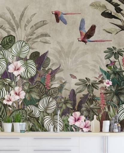 beige parrot wallpaper called Parrot Jungle Flight at Wallsauce for bedrooms, bathrooms and living rooms beige parrot wallpaper called Parrot Jungle Flight at Wallsauce for bedrooms, bathrooms and living rooms