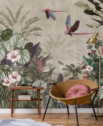 carta da parati beige con pappagalli chiamata Parrot Jungle Flight at Wallsauce per camere da letto, bagni e salotti carta da parati beige con pappagalli chiamata Parrot Jungle Flight at Wallsauce per camere da letto, bagni e salotti