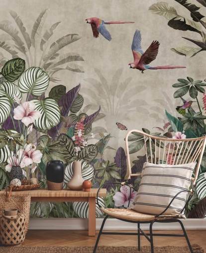 carta da parati beige con pappagalli chiamata Parrot Jungle Flight at Wallsauce per camere da letto, bagni e salotti