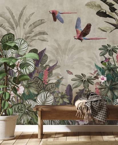 beige papegøje tapet kaldet Parrot Jungle Flight på Wallsauce til soveværelser, badeværelser og stuer