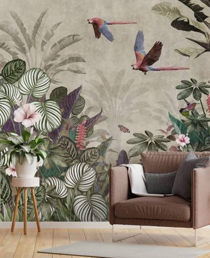 papier peint beige perroquet appelé Parrot Jungle Flight chez Wallsauce pour les chambres, les salles de bain et les salons