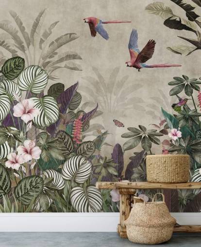 beigefarbene Papageientapete namens Parrot Jungle Flight at Wallsauce für Schlafzimmer, Badezimmer und Wohnzimmer