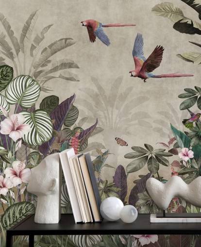 beige parrot wallpaper called Parrot Jungle Flight at Wallsauce for bedrooms, bathrooms and living rooms beige parrot wallpaper called Parrot Jungle Flight at Wallsauce for bedrooms, bathrooms and living rooms