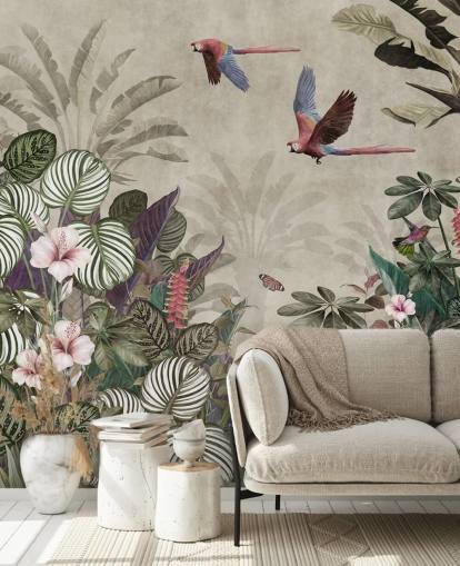 papel de parede de papagaio bege chamado Parrot Jungle Flight at Wallsauce para quartos, banheiros e salas de estar