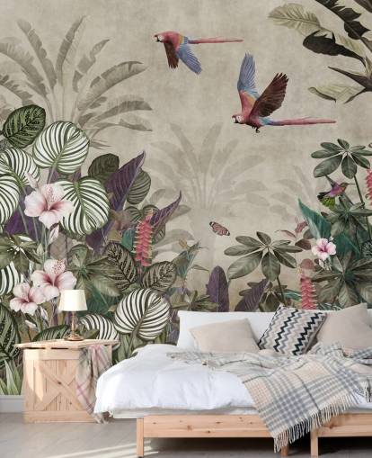 beige papukaijatapetti nimeltä Parrot Jungle Flight Wallsaucessa makuuhuoneisiin, kylpyhuoneisiin ja olohuoneisiin beige papukaijatapetti nimeltä Parrot Jungle Flight Wallsaucessa makuuhuoneisiin, kylpyhuoneisiin ja olohuoneisiin