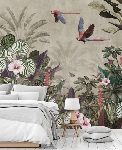 beige parrot wallpaper called Parrot Jungle Flight at Wallsauce for bedrooms, bathrooms and living rooms