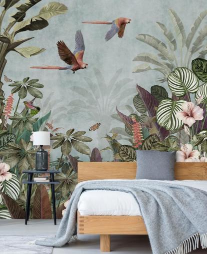 carta da parati murale con pappagallo blu chiamata Parrot Jungle Flight Blue at Wallsauce per camere da letto e salotti