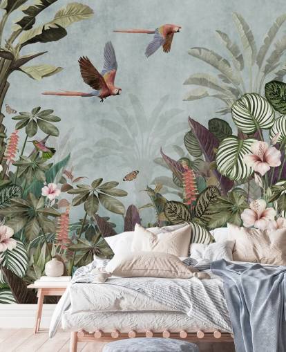 mural de papel pintado de loros azules llamado Parrot Jungle Flight Blue at Wallsauce para dormitorios y salas de estar mural de papel pintado de loros azules llamado Parrot Jungle Flight Blue at Wallsauce para dormitorios y salas de estar