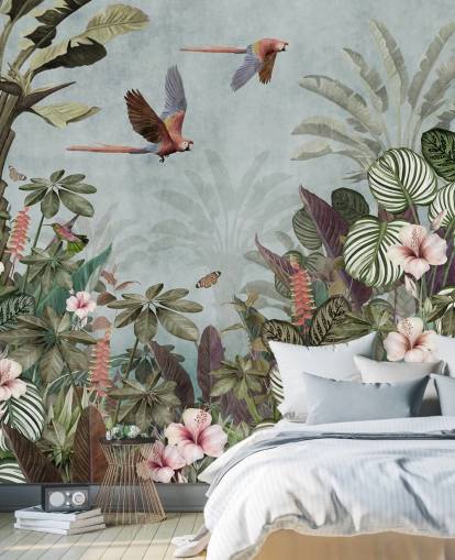 carta da parati murale con pappagallo blu chiamata Parrot Jungle Flight Blue at Wallsauce per camere da letto e salotti