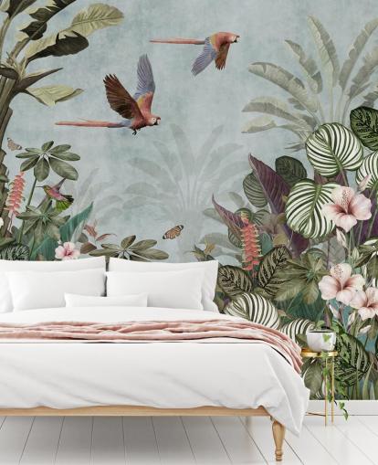 papier peint mural en forme de perroquet bleu appelé Parrot Jungle Flight Blue chez Wallsauce pour les chambres et les salons papier peint mural en forme de perroquet bleu appelé Parrot Jungle Flight Blue chez Wallsauce pour les chambres et les salons