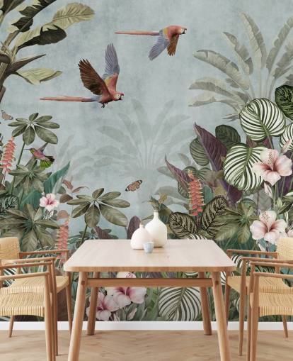 papier peint mural en forme de perroquet bleu appelé Parrot Jungle Flight Blue chez Wallsauce pour les chambres et les salons papier peint mural en forme de perroquet bleu appelé Parrot Jungle Flight Blue chez Wallsauce pour les chambres et les salons