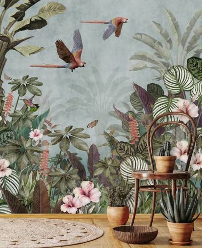 blå papegøje tapetmaleri kaldet Parrot Jungle Flight Blue på Wallsauce til soveværelser og stuer