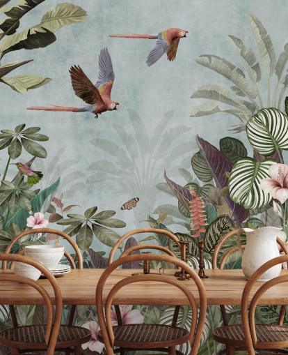 mural de papel pintado de loros azules llamado Parrot Jungle Flight Blue at Wallsauce para dormitorios y salas de estar
