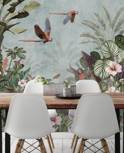 blauwe papegaai behangmuurschildering genaamd Parrot Jungle Flight Blue bij Wallsauce voor slaapkamers en woonkamers