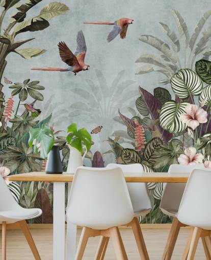 papier peint mural en forme de perroquet bleu appelé Parrot Jungle Flight Blue chez Wallsauce pour les chambres et les salons