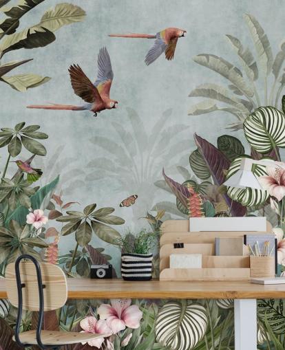 blue parrot wallpaper mural called Parrot Jungle Flight Blue at Wallsauce for bedrooms and living rooms