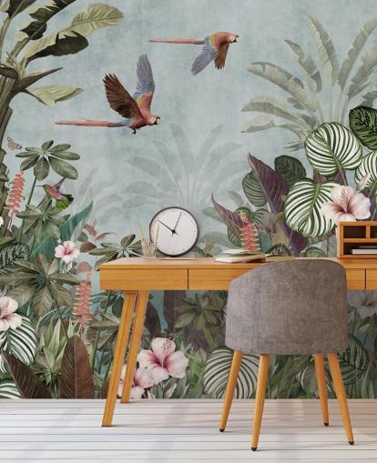 blue parrot wallpaper mural called Parrot Jungle Flight Blue at Wallsauce for bedrooms and living rooms