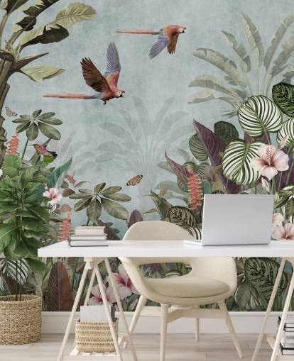 blue parrot wallpaper mural called Parrot Jungle Flight Blue at Wallsauce for bedrooms and living rooms