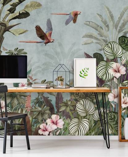 blaues Papageientapetenwandbild namens Parrot Jungle Flight Blue in Wallsauce für Schlafzimmer und Wohnzimmer