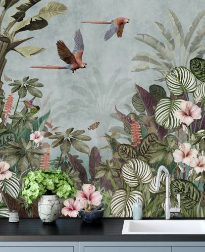 blue parrot wallpaper mural called Parrot Jungle Flight Blue at Wallsauce for bedrooms and living rooms