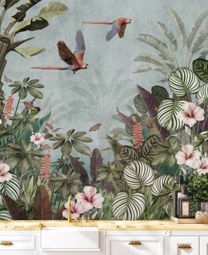 mural de papel pintado de loros azules llamado Parrot Jungle Flight Blue at Wallsauce para dormitorios y salas de estar