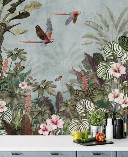 blue parrot wallpaper mural called Parrot Jungle Flight Blue at Wallsauce for bedrooms and living rooms