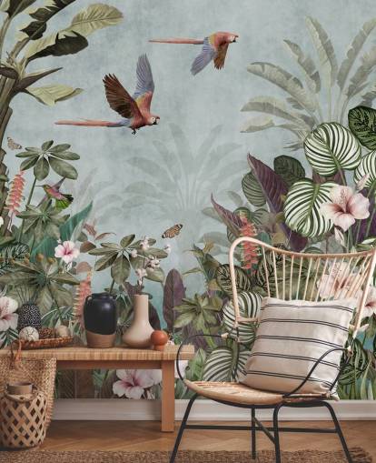 blauwe papegaai behangmuurschildering genaamd Parrot Jungle Flight Blue bij Wallsauce voor slaapkamers en woonkamers blauwe papegaai behangmuurschildering genaamd Parrot Jungle Flight Blue bij Wallsauce voor slaapkamers en woonkamers