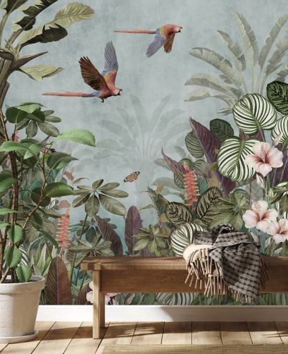 papier peint mural en forme de perroquet bleu appelé Parrot Jungle Flight Blue chez Wallsauce pour les chambres et les salons