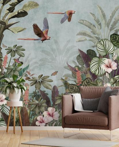 mural de papel de parede de papagaio azul chamado Parrot Jungle Flight Blue em Wallsauce para quartos e salas de estar