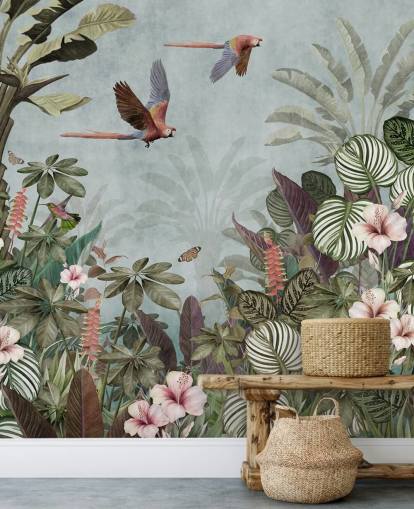papier peint mural en forme de perroquet bleu appelé Parrot Jungle Flight Blue chez Wallsauce pour les chambres et les salons papier peint mural en forme de perroquet bleu appelé Parrot Jungle Flight Blue chez Wallsauce pour les chambres et les salons