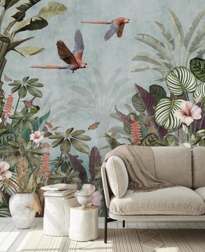 blauwe papegaai behangmuurschildering genaamd Parrot Jungle Flight Blue bij Wallsauce voor slaapkamers en woonkamers