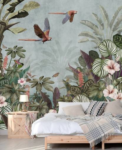 blue parrot wallpaper mural called Parrot Jungle Flight Blue at Wallsauce for bedrooms and living rooms blue parrot wallpaper mural called Parrot Jungle Flight Blue at Wallsauce for bedrooms and living rooms