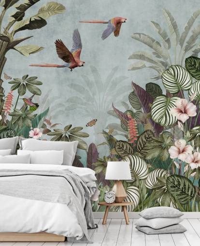 blauwe papegaai behangmuurschildering genaamd Parrot Jungle Flight Blue bij Wallsauce voor slaapkamers en woonkamers