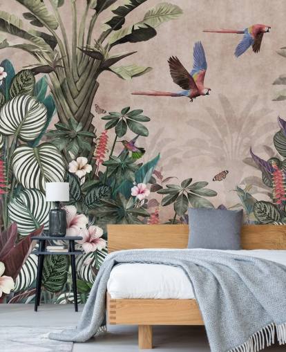carta da parati murale con pappagallo rosa chiamata Parrot Jungle Flight Pink at Wallsauce per camere da letto, salotti e bagni carta da parati murale con pappagallo rosa chiamata Parrot Jungle Flight Pink at Wallsauce per camere da letto, salotti e bagni
